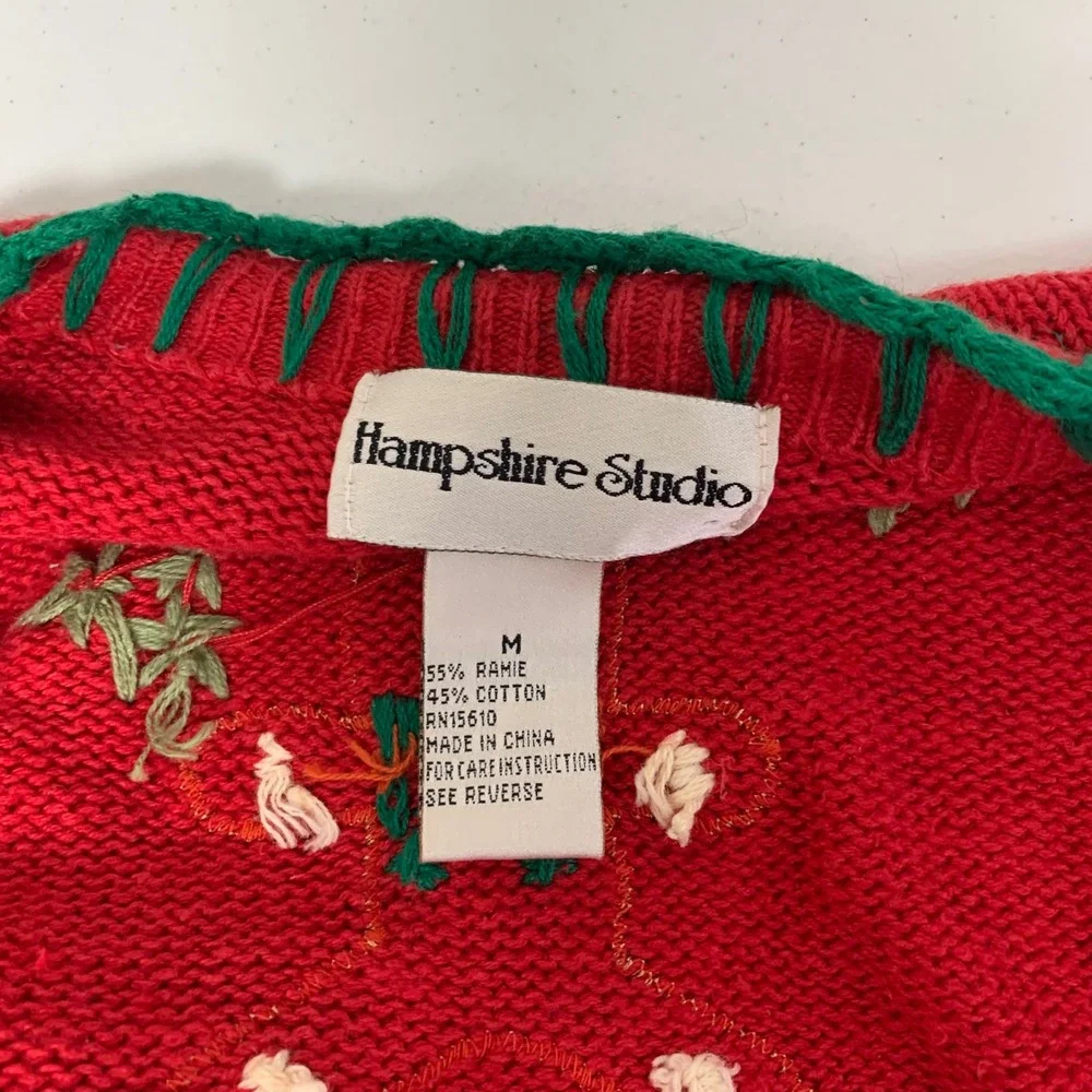 Hampshire Studio Cardigan Women‎ M Red Christmas Teddy Bear Applique Sweater